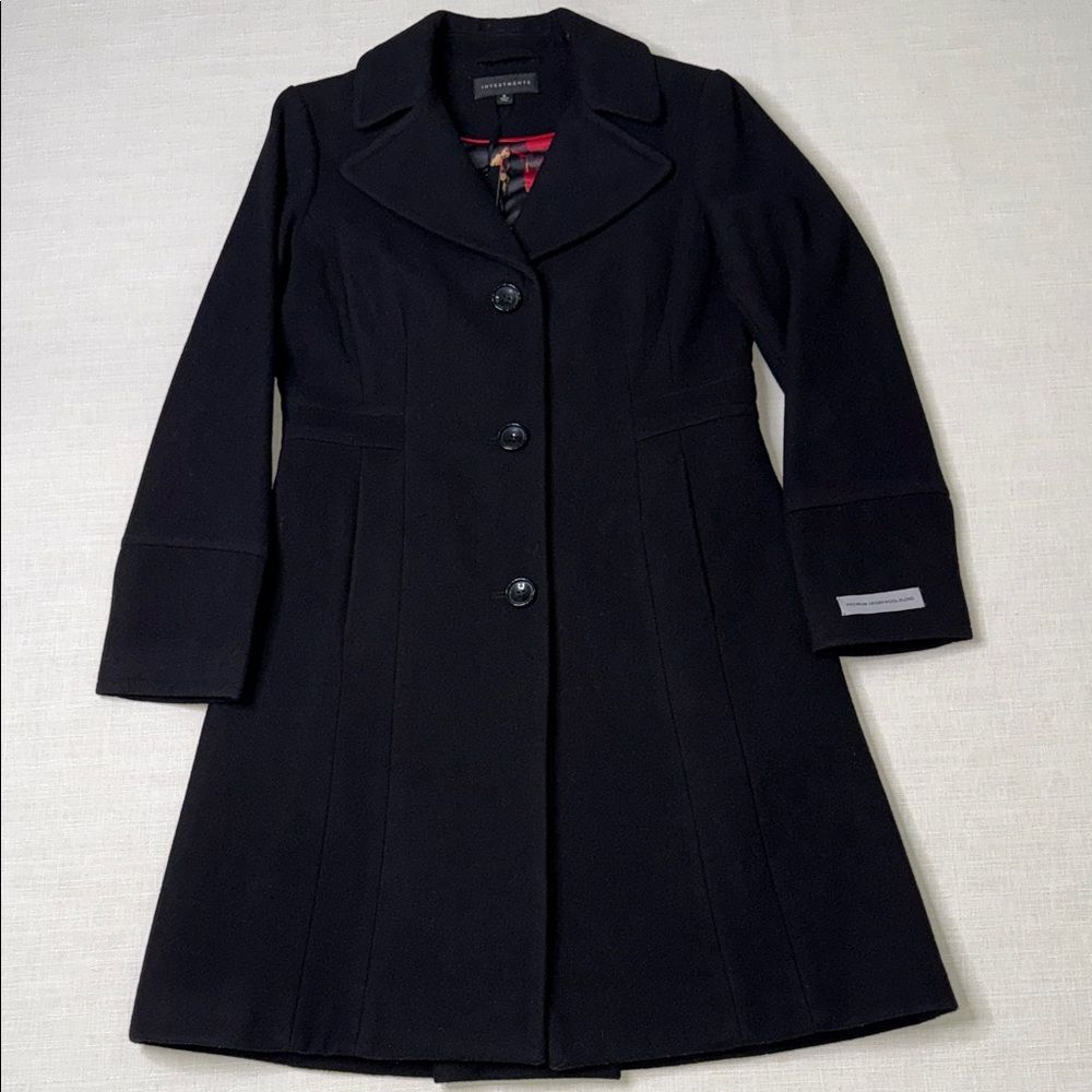 Investments Black Wool Blend Coat Floral Lined Size 6 NWT